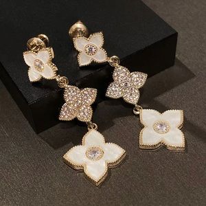 Cute Luxury Clover Gold Color Stud Earrings with Bling Zircon Long.